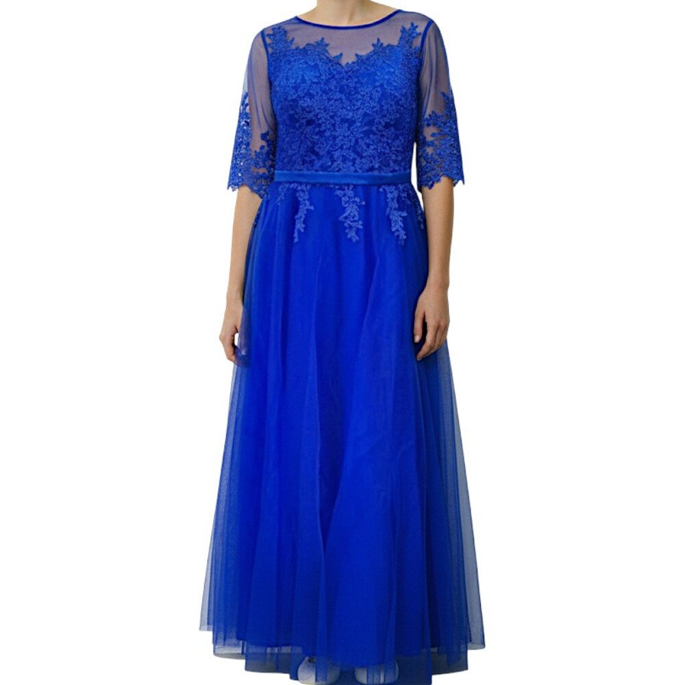 Royal Blue Long Sleeve Tulle A Line Bridemaid Formal Lace Floral